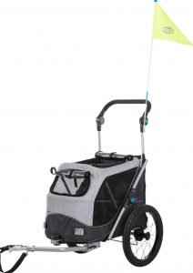 black and gray Trixie quick fold dog bike trailer