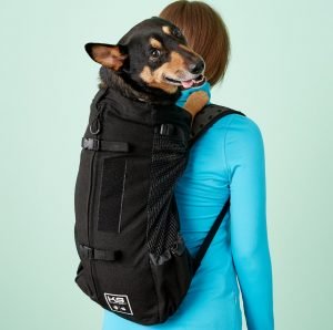 pup in black K9 Sport Sack backpack on woman's back