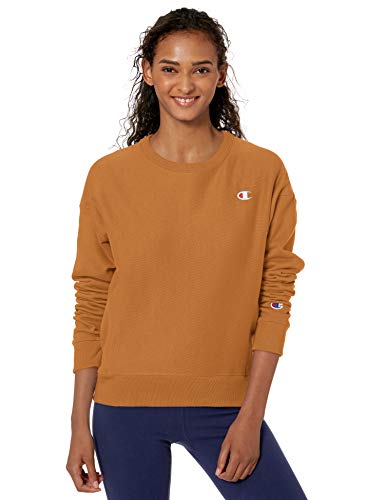 woman wearing mustard Champion crew sweatshirt