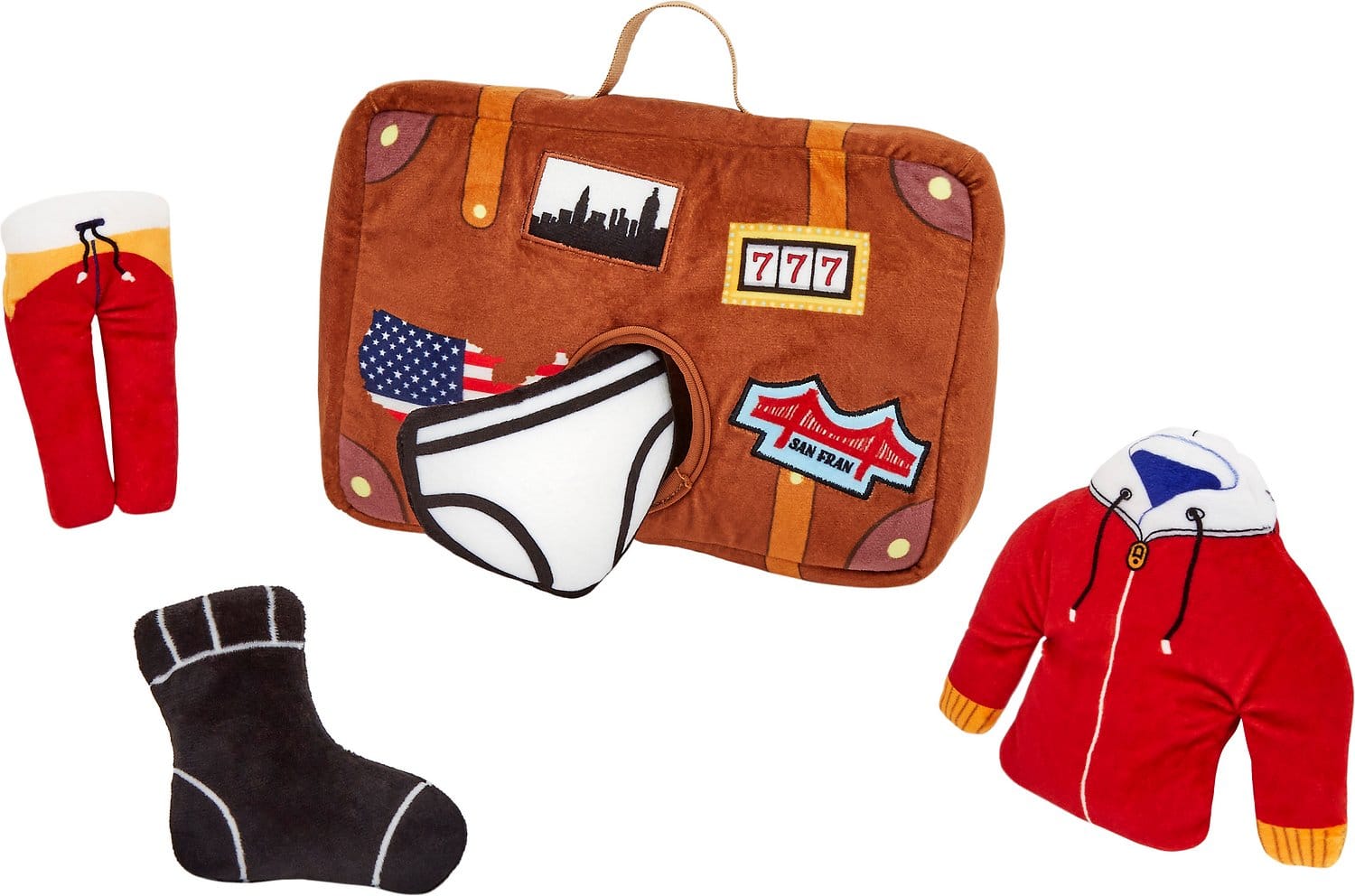 Brown plush suitcase puzzle dog toy with one black sock, a pair of white underwear and a red tracksuit set