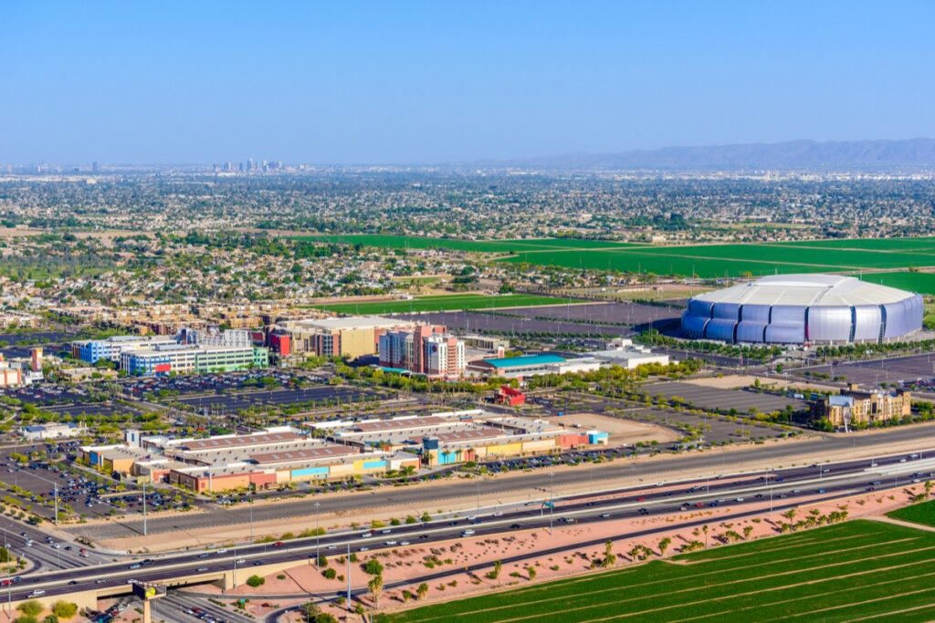 cityscape photo of University of Phoenix Stadium and downtown Glendale, Arizona