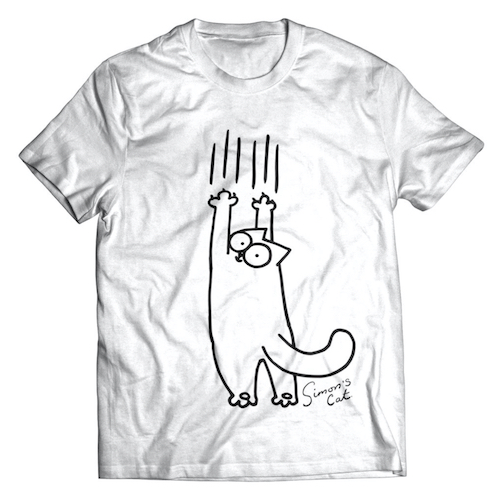white Simon's Cat illustration shirt