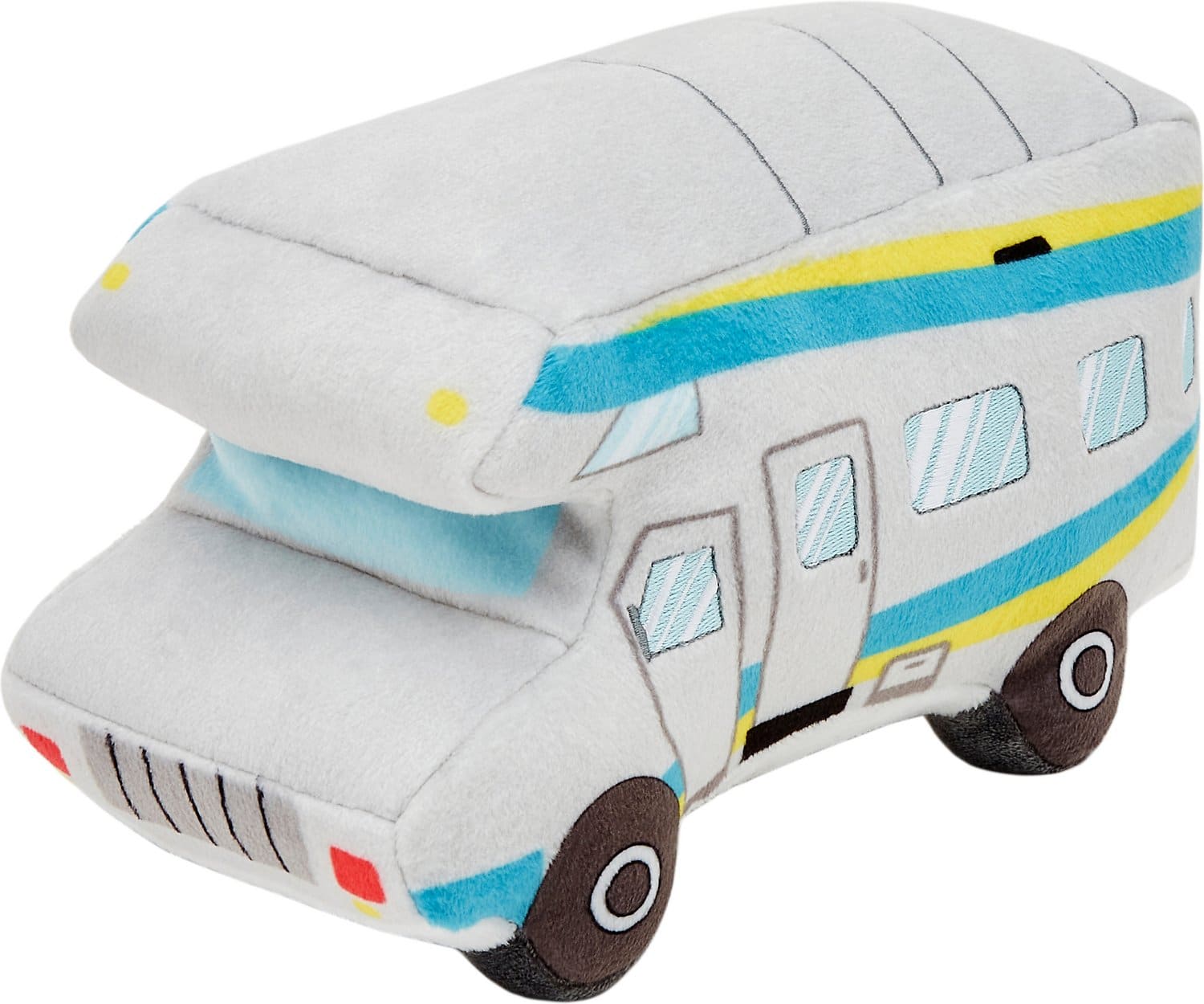 White and blue plush campervan dog toy with black wheels