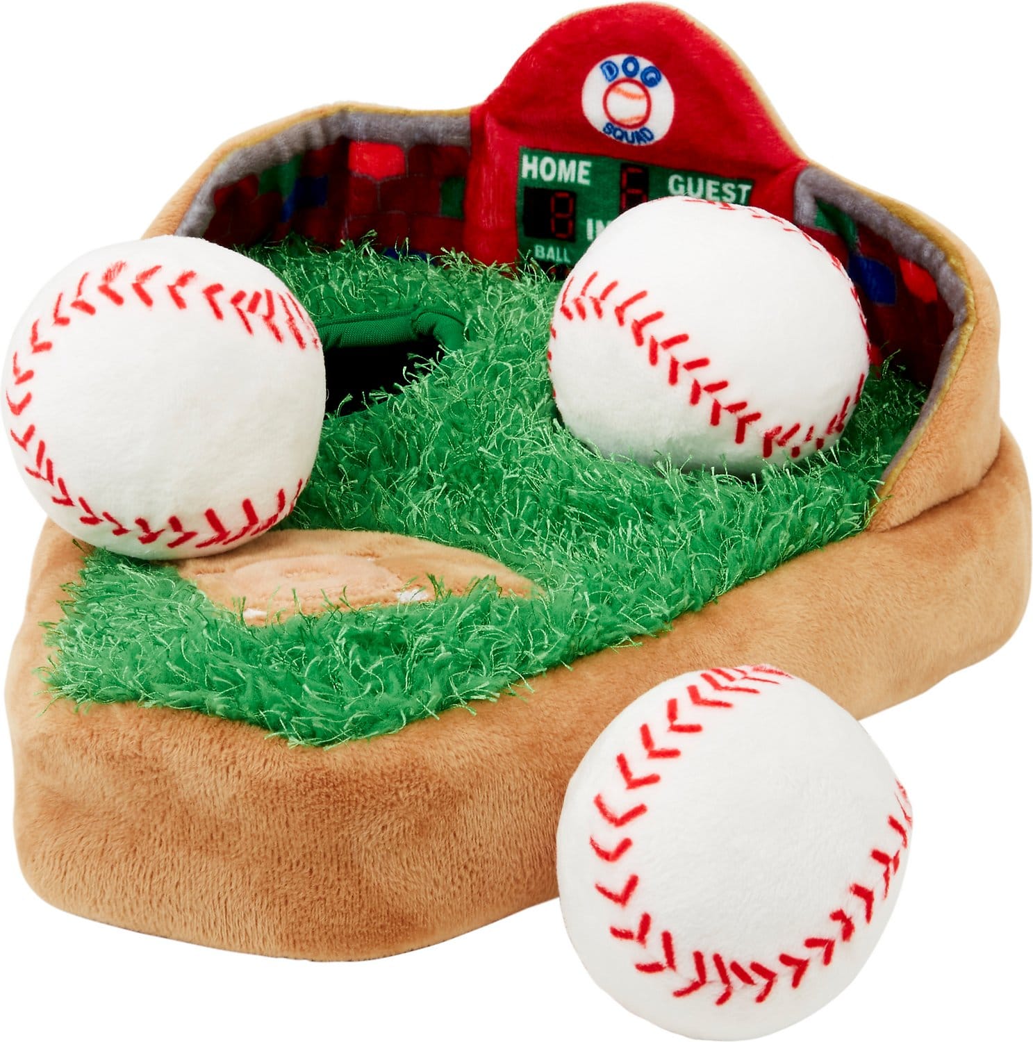Baseball dog puzzle toy with baseball diamond and three plush dog baseballs