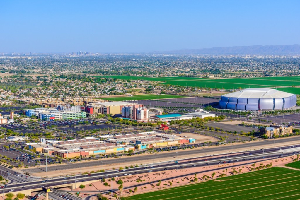 cityscape photo of University of Phoenix Stadium and downtown Glendale, Arizona