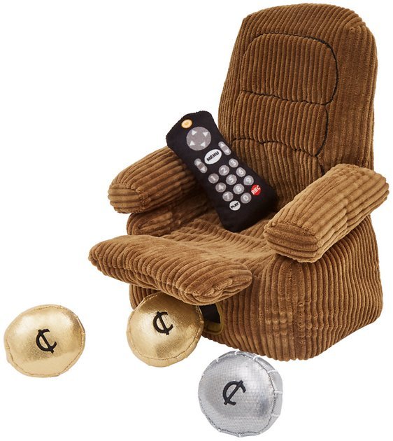 Recliner dog toy with remote and loose coins
