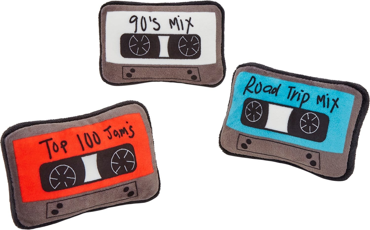 Three plush red, white and blue dog toy mix tapes