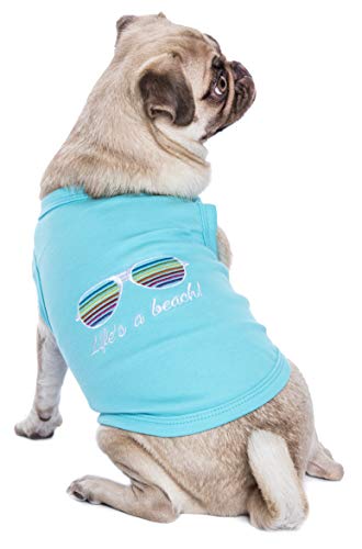 pug wearing light blue Parisian Pet Life's a Beach! Dog T-Shirt with embroidered sunglasses on the back