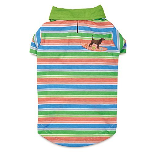 Casual Canine UPF40 polo summer dog top in pink, purple, blue and green stripes with embroidered dog on surfboard