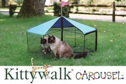 Cats sit in an outdoor carousel cage with tent roof