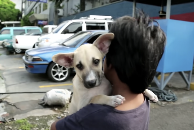 Boy Carrying Homeless Dog
